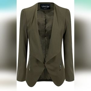 LookbookStore Women's Open Front Draped Asymmetric Padded Side Zip Blazer Jacket